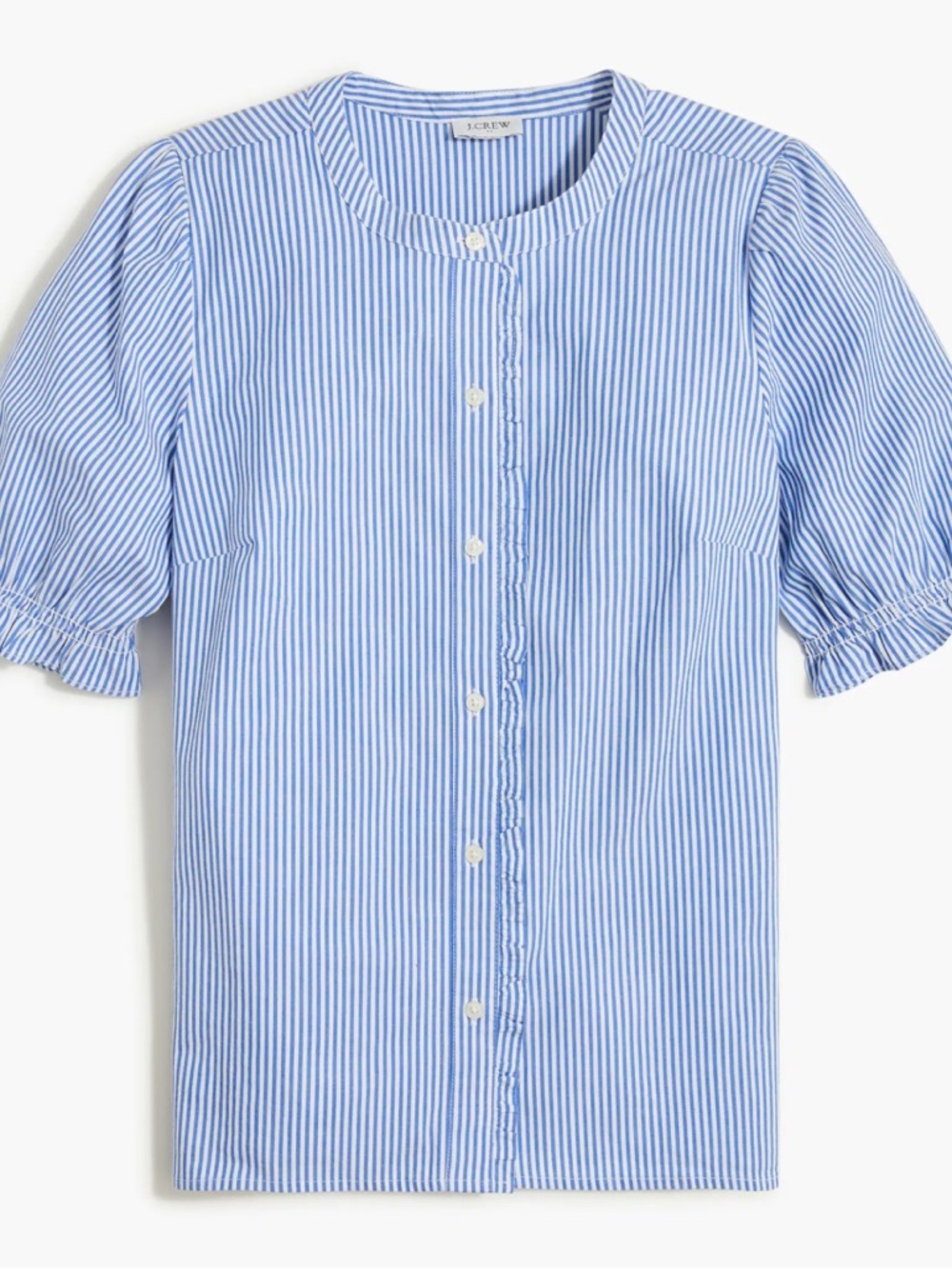 J. Crew Pinstripe Ruffle Button Down Short Sleeve Linen Blouse Blue 2024 SZ M